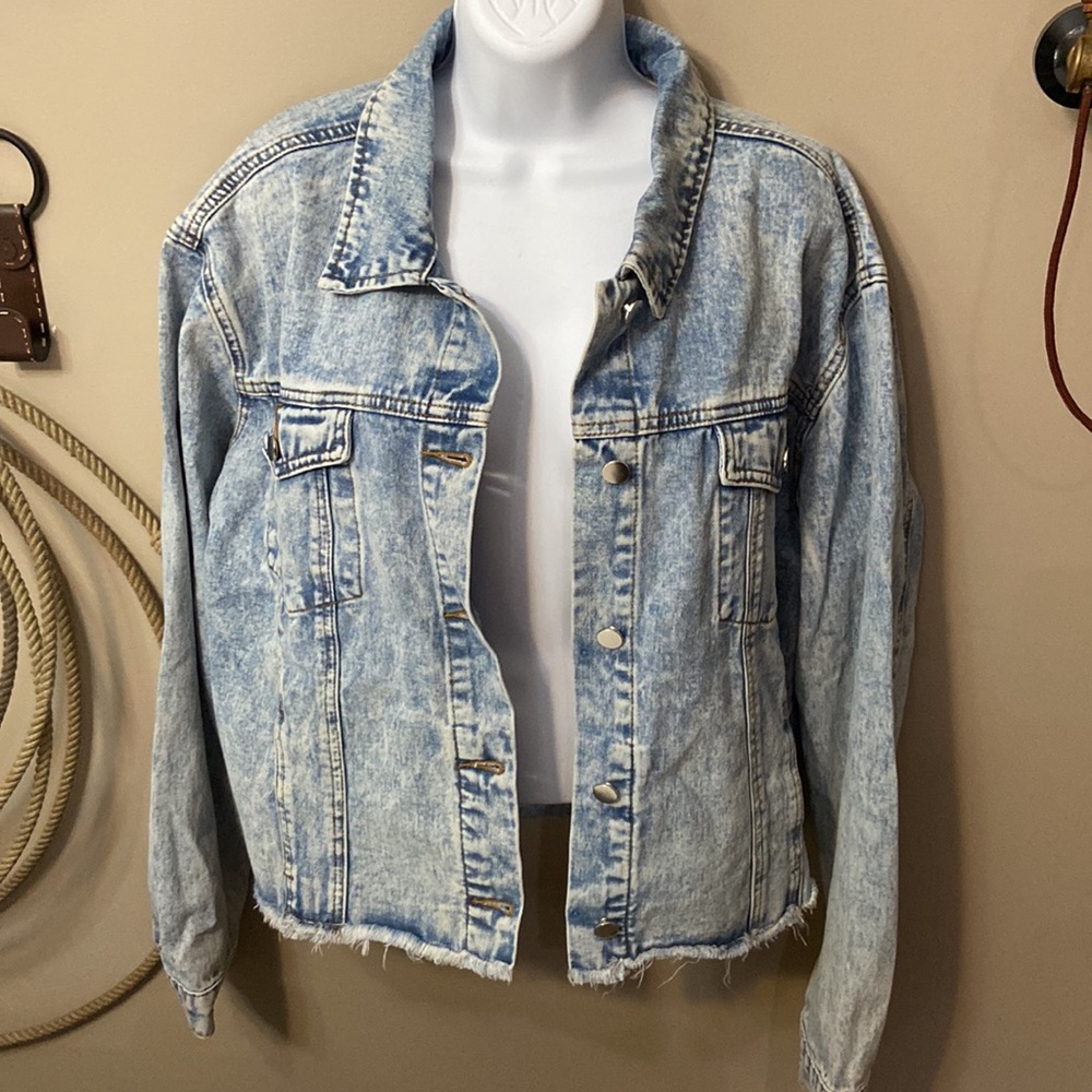 Denim Raw Hem Womens Jacket With Side Slip Pockets -The Go To Jacket - Size L